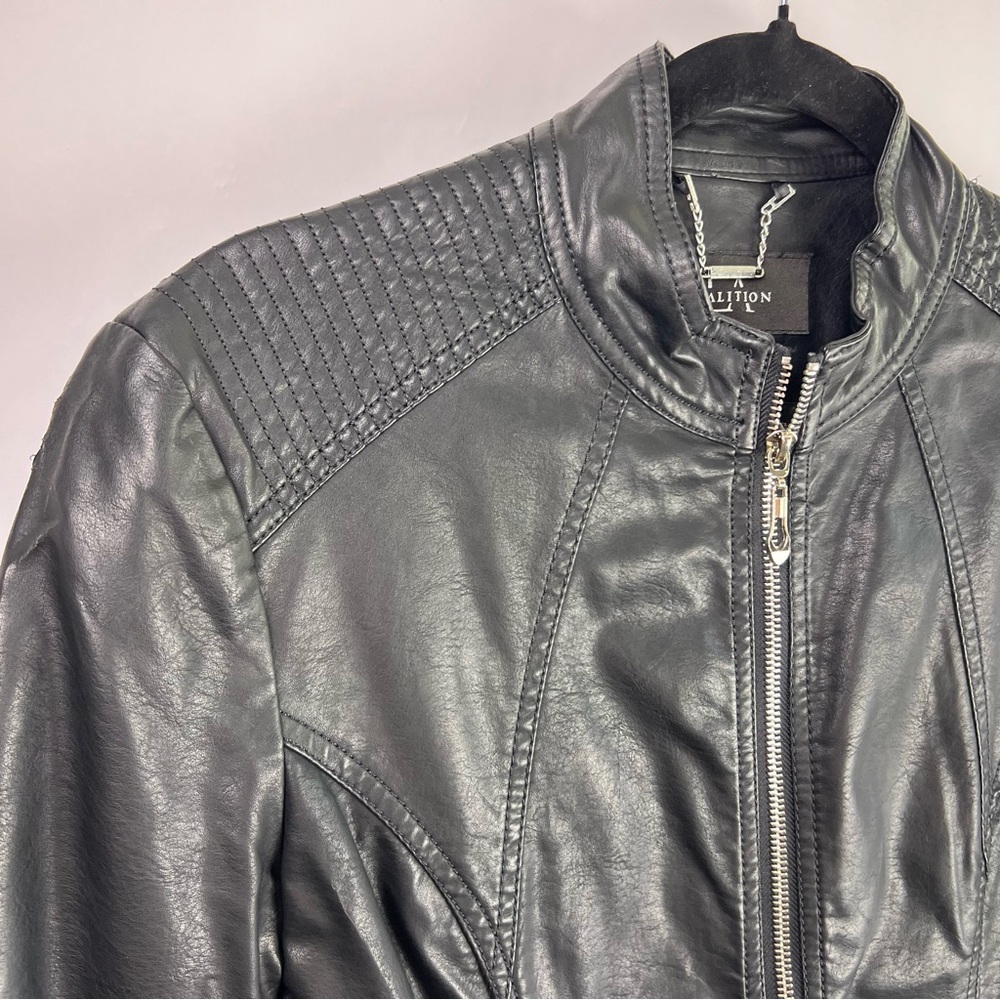 LA Coalition Black Moto Jacket, Faux Leather, Quilted, Zippered Pockets, Medium - Picture 3 of 12